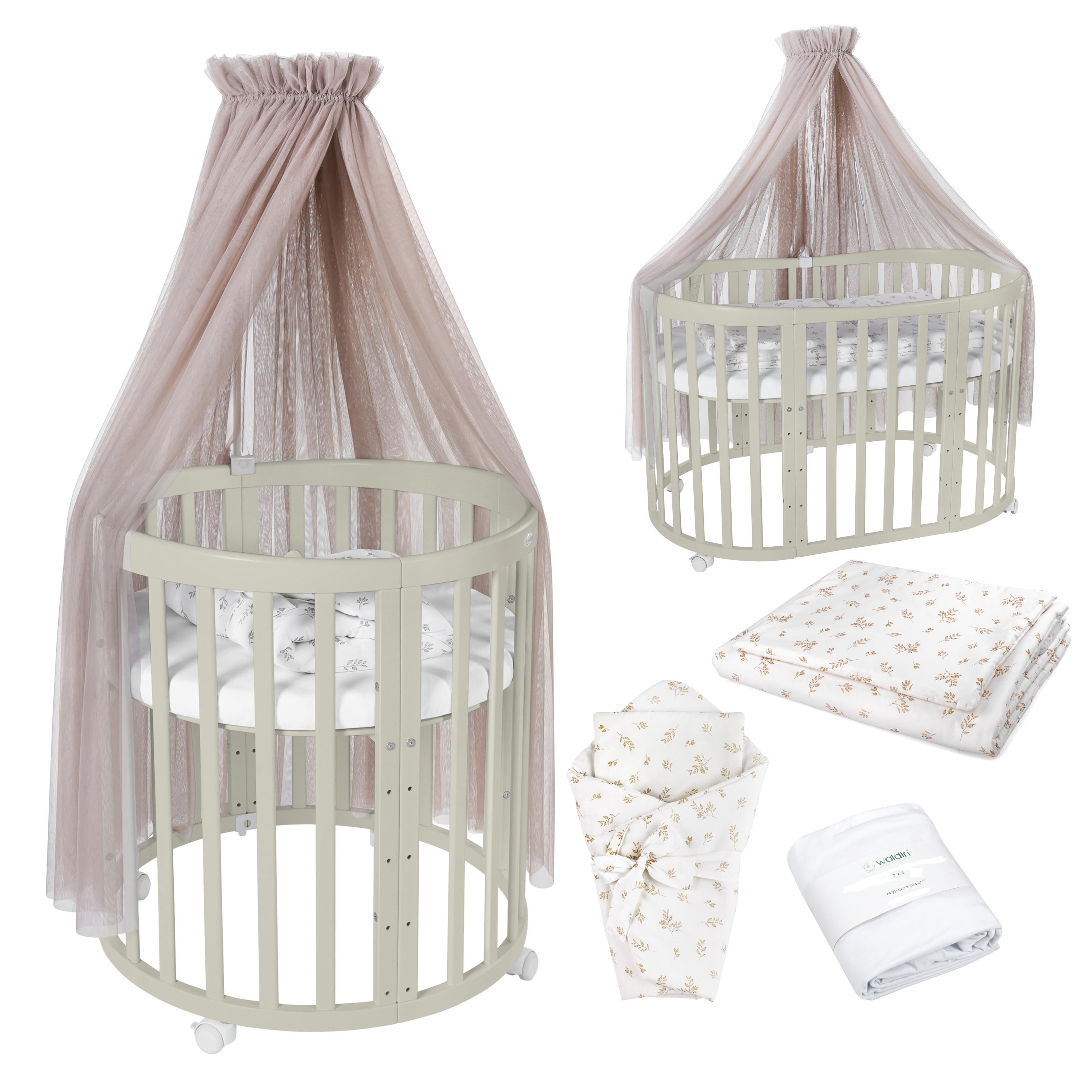 BABYBETT OLIVE OVAL 7in1 mit Matratze und Himmelset - Taupe/Olivgrün, Holz/Textil (73/125cm) - waldin