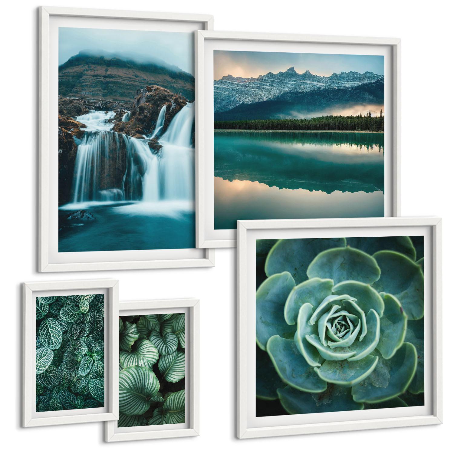 BILDER SET 5er Set - 50x50 cm & 20x30 cm & 40x60 cm Weißer Rahmen - Sukkulenten in Grün und Türkis - Weiß, Kunststoff (40/60cm) - TULUP