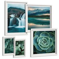 BILDER SET 5er Set - 50x50 cm & 20x30 cm & 40x60 cm Weißer Rahmen - Sukkulenten in Grün und Türkis - Weiß, Kunststoff (40/60cm) - TULUP