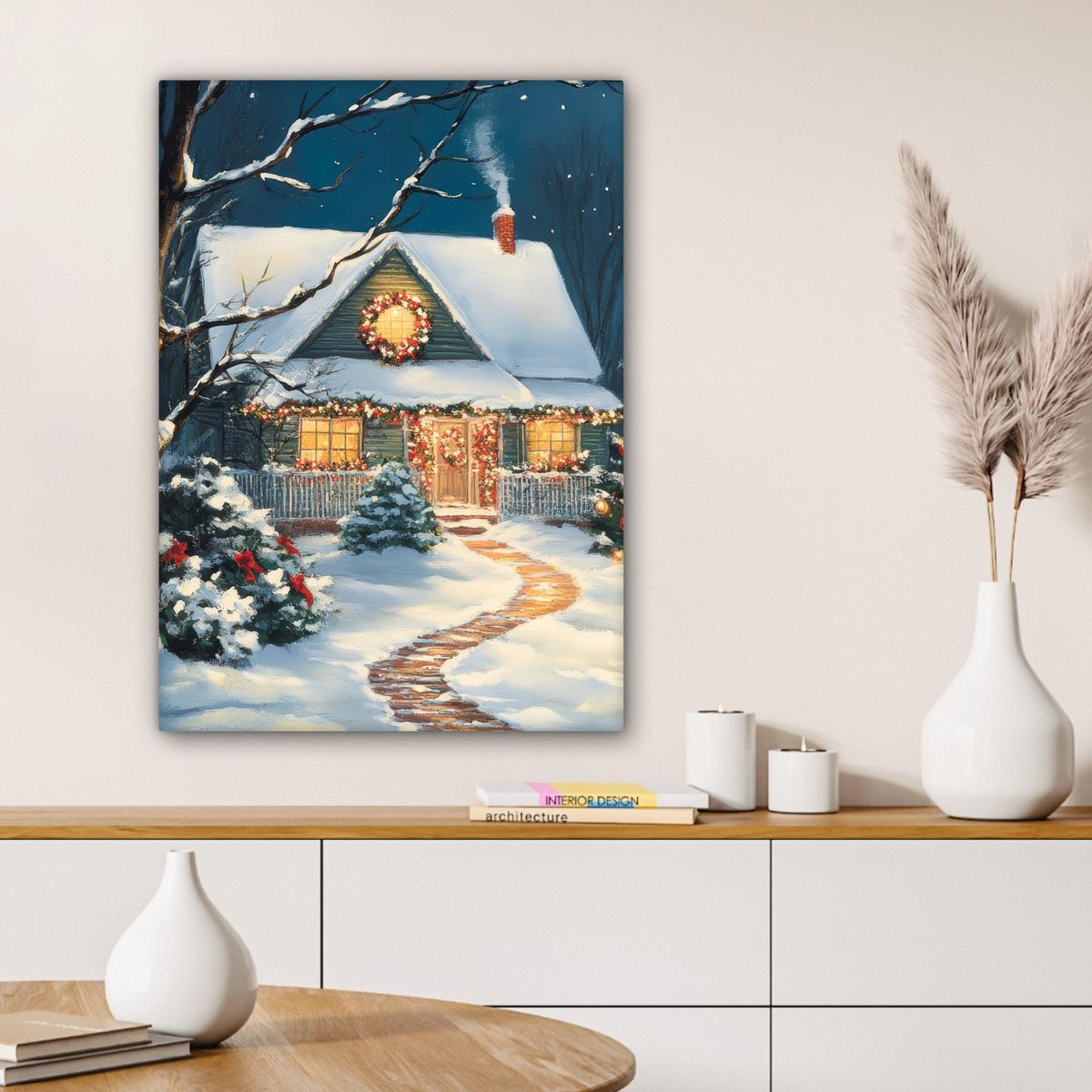 LEINWANDBILD Weihnachten - Weihnachtsbaum - Winter - Zuhause - Schnee Wandbild Wohnzimmer 60x80 cm - Smaragdgrün, Textil (60/80cm) - MuchoWow