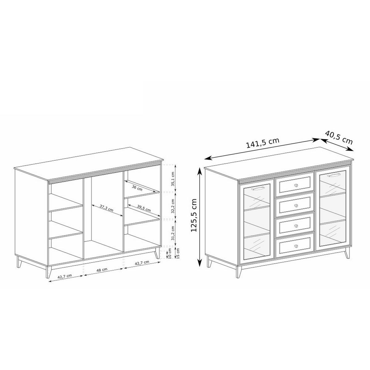 VITRINE Charlott mit 4 Schubladen und 2 Türen, mit LED-Beleuchtung - Kaschmir/Eichefarben, Holz/Holzwerkstoff (141.5/125.5/40.5cm) - Beautysofa