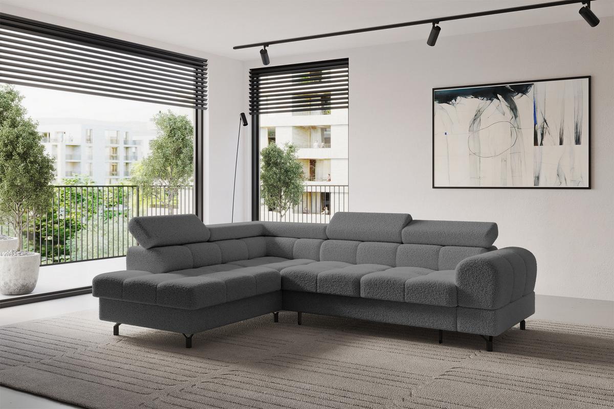 ECKSOFA mit Schlaffunktion Ottomane Links LUMA-L 272x203x70 Grau Bouclé - Chromfarben/Schwarz, Holzwerkstoff/Kunststoff (272/203cm) - ALTDECOR