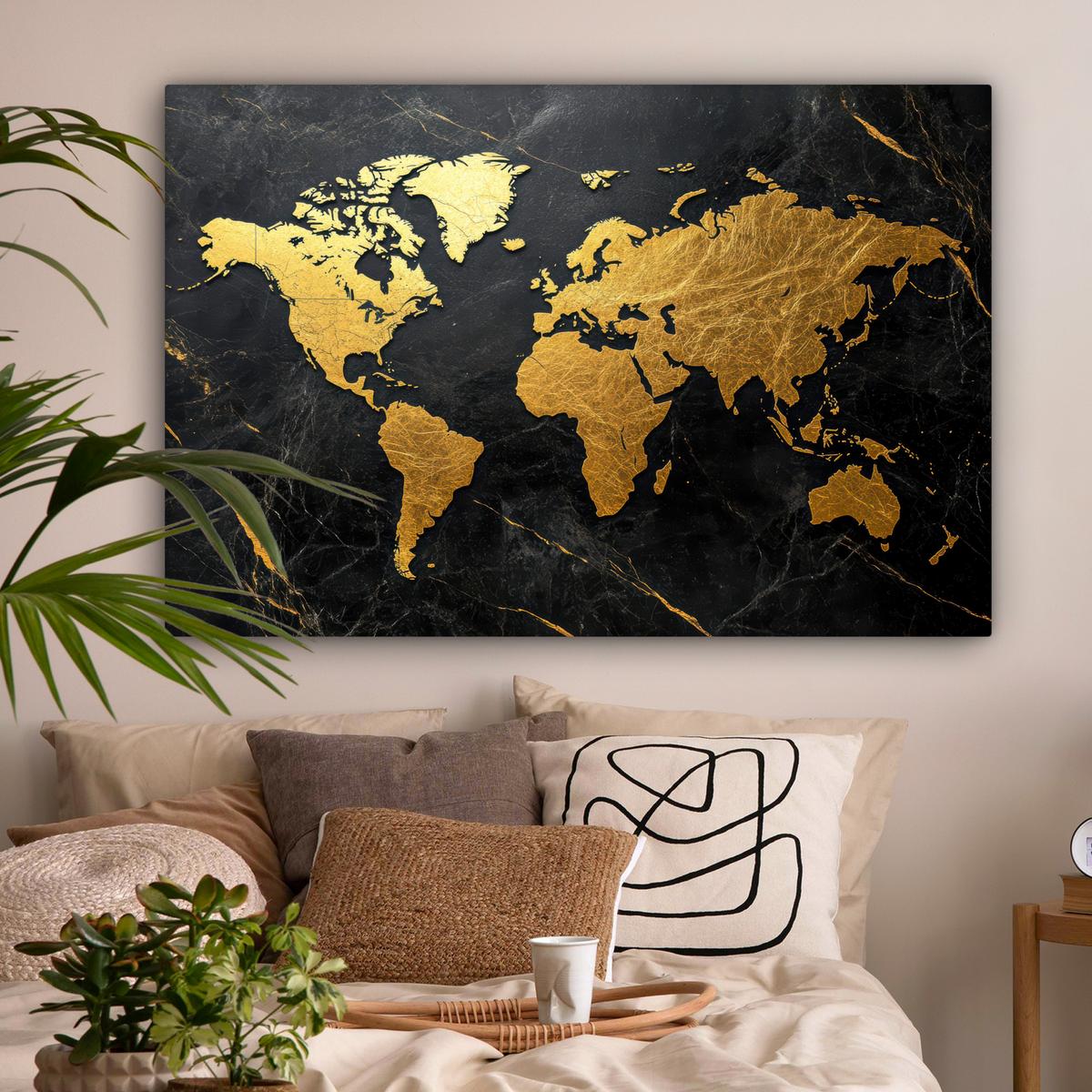 LEINWANDBILD Weltkarte - Gold - Marmor Groß 140x90 cm - Goldfarben, Textil (140/90cm) - MuchoWow