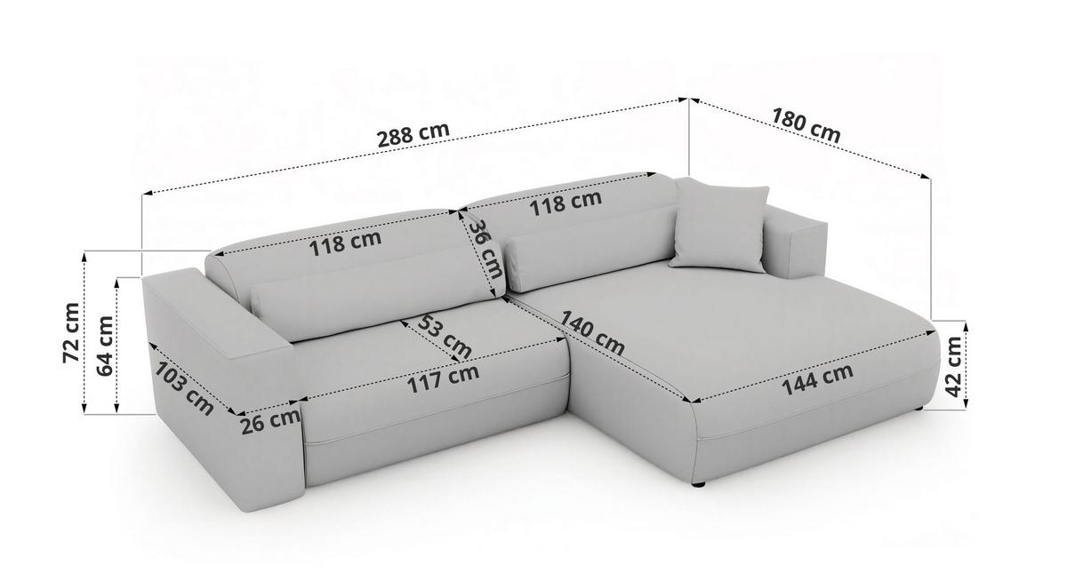 ECKSOFA PAZURRO L - Hellgrau Velvet - Rechts Seite - Hellgrau/Schwarz, Kunststoff/Textil (288/180cm) - MKS