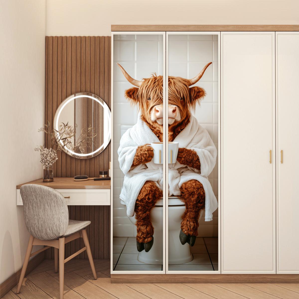 TÜRAUFKLEBER Schottischer Highlander - WC - Bademantel - Modern - Tiere Wanddeko 90x205 cm - Türtapete - Kastanienfarben, Kunststoff (90/0.1/205cm) - MuchoWow