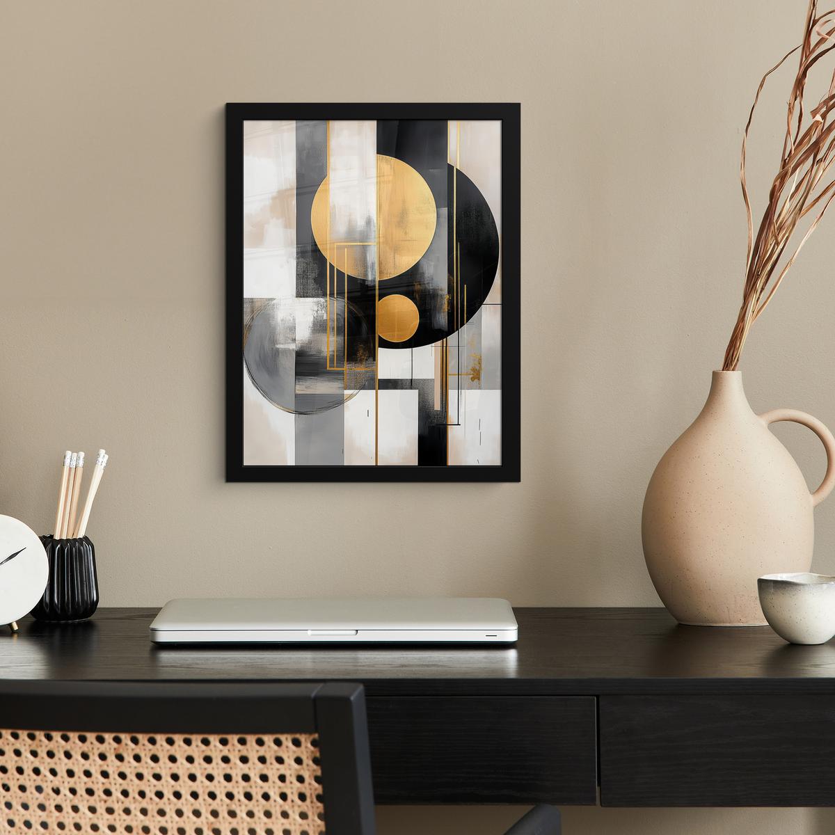 POSTER MIT RAHMEN Abstrakt - Gold - Silber - Formen - Ästhetisch - Modern Bilderrahmen 30x40 cm - Goldfarben, Papier (30/40cm) - MuchoWow