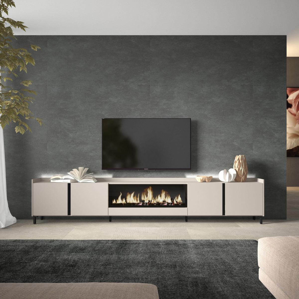 LOWBOARD, Beige, 315/35/61cm, Kamin mit Feuereffekt XXL - Beige, Holzwerkstoff (315/61/35cm) - Skraut Home