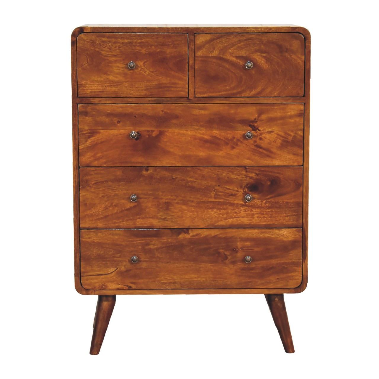 KOMMODE Stella, 2 über 3 Schubladen, Nordische Beine, Braun - Messingfarben/Braun, Holz/Metall (70/98/35cm) - Artisan Furniture