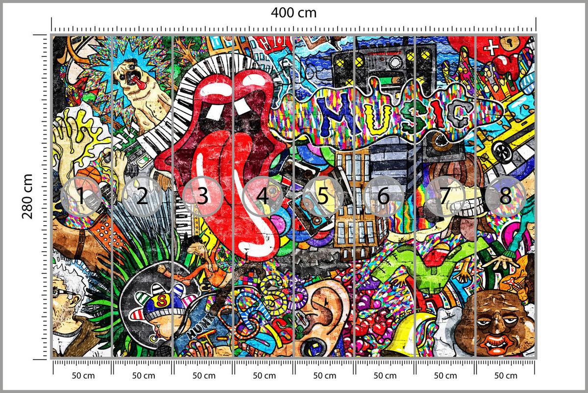 FOTOTAPETE für Jugendzimmer GRAFFITI Musik Abstrakt Farben 400x280 - Blau/Gelb, Papier (400/280cm) - Muralo