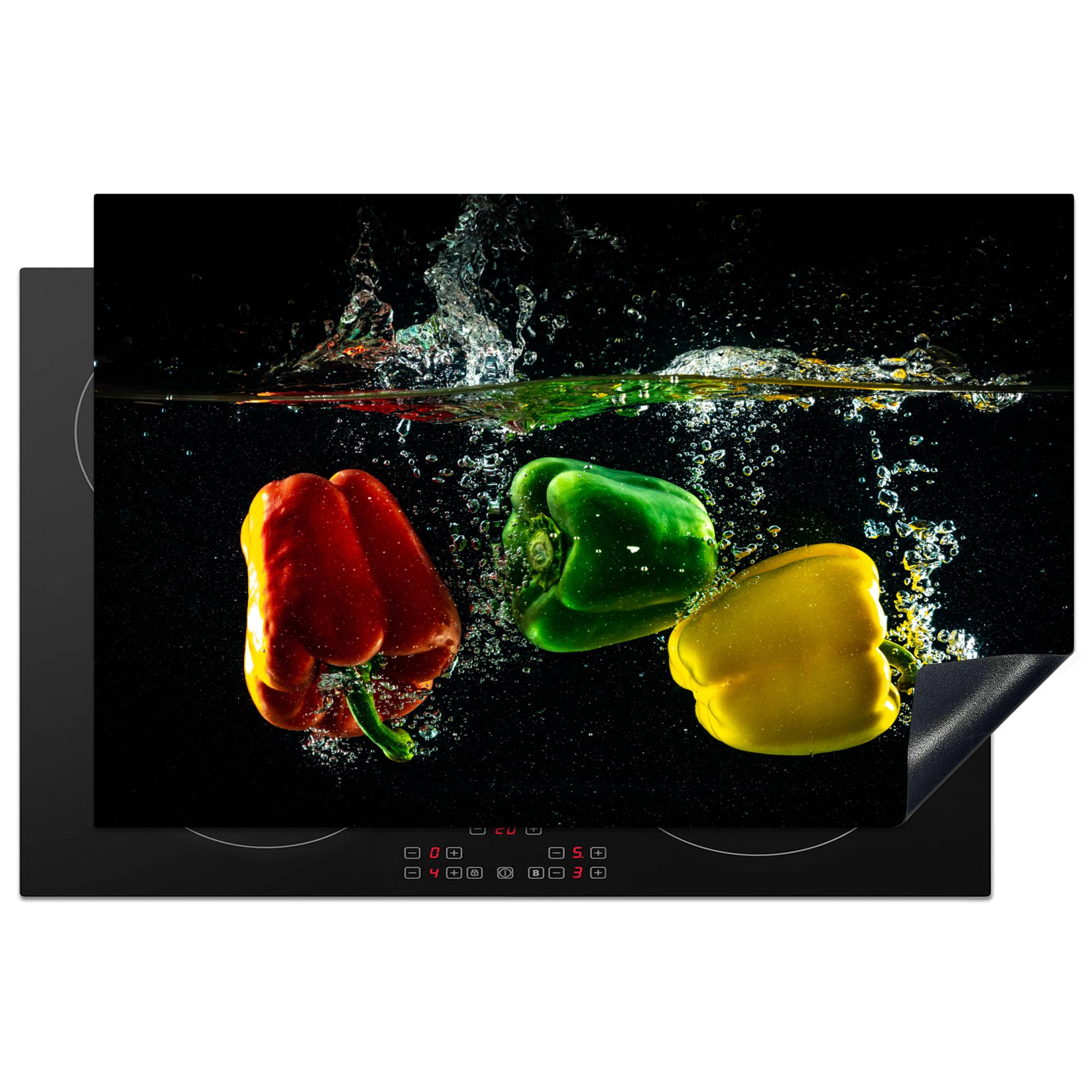 HERDABDECKPLATTE Paprika - Gemüse - Wasser - Schwarz - Rot - Grün - Gelb Induktionsschutz 81.6x52.7 cm - Multicolor, Kunststoff (81.6/52.7/0.2cm) - MuchoWow