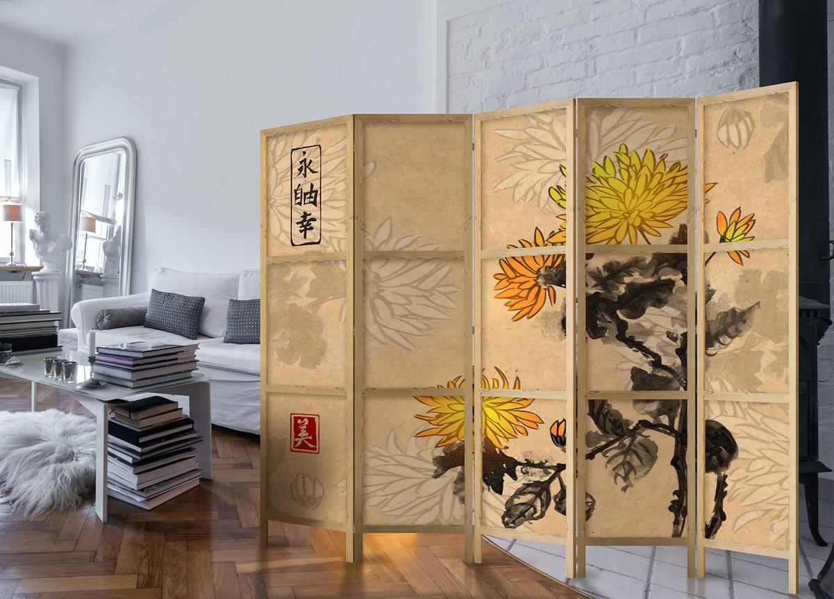 PARAVENT Japanischer 5-tlg 225x172 cm Aquarell Chrysanthemen - Multicolor, Holz/Textil (225/172/3cm) - Muralo