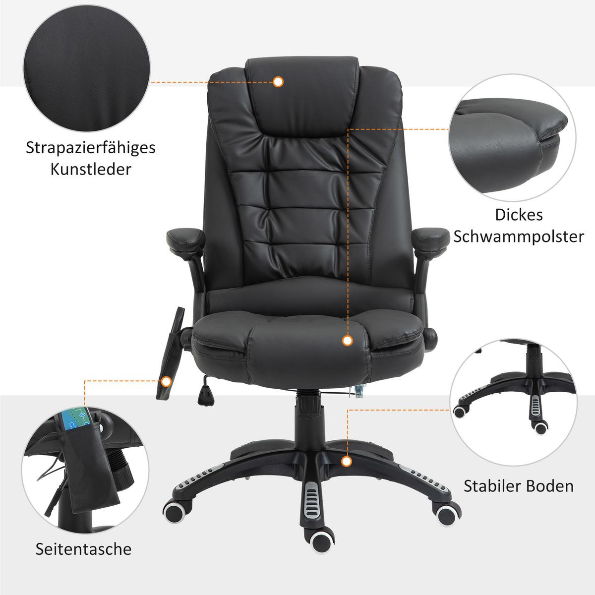 MASSAGESESSEL Bürostuhl Drehstuhl mit Wärmefunktion Chefsessel Bürosessel - Schwarz, Kunststoff (70/121/70cm) - HOMCOM