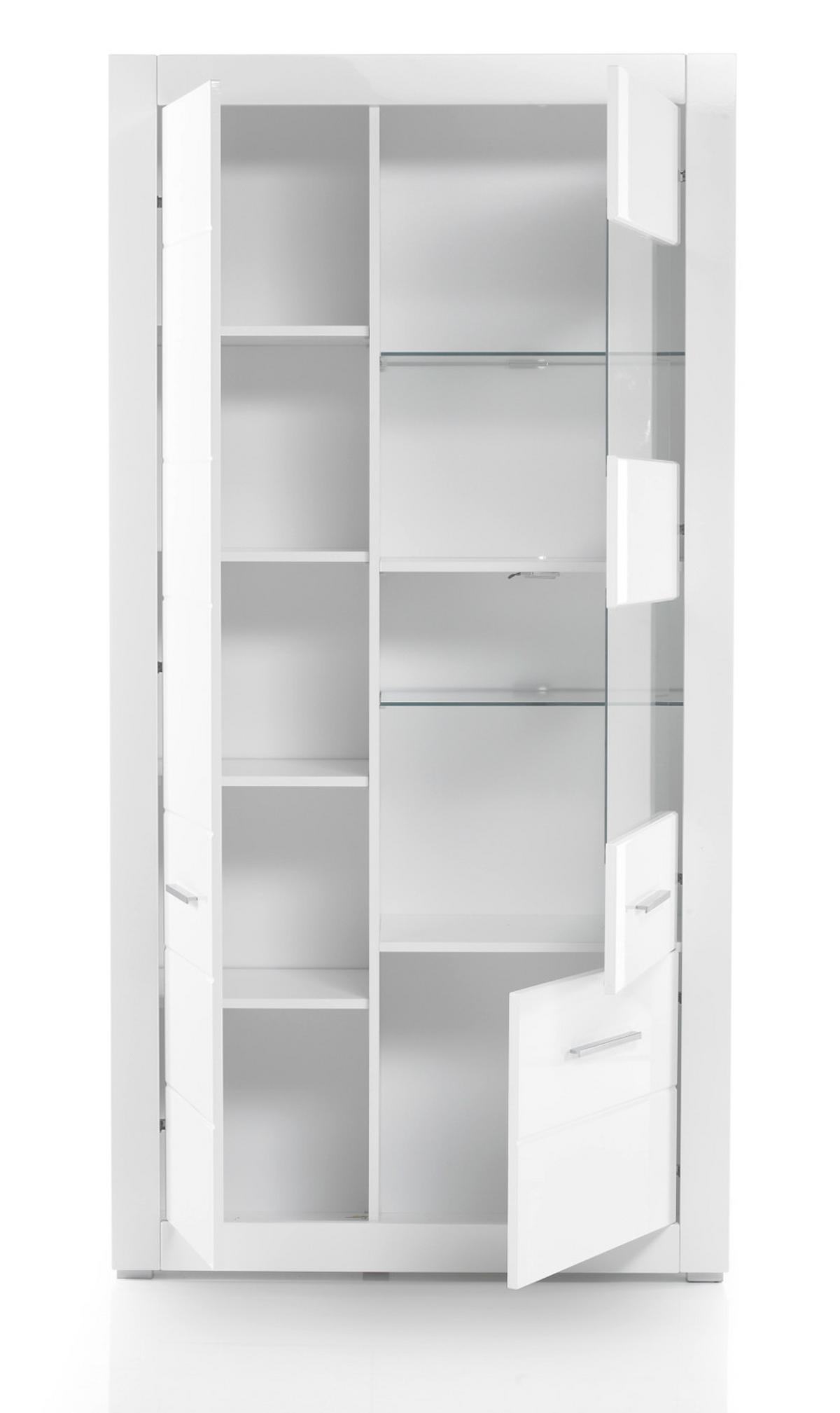 WOHNWAND weiß Hochglanz, Wohnkombination 4-teilig 335 x 198 cm - Chromfarben/Weiß Hochglanz, Glas/Holzwerkstoff (335/198/45cm) - Furn.Design