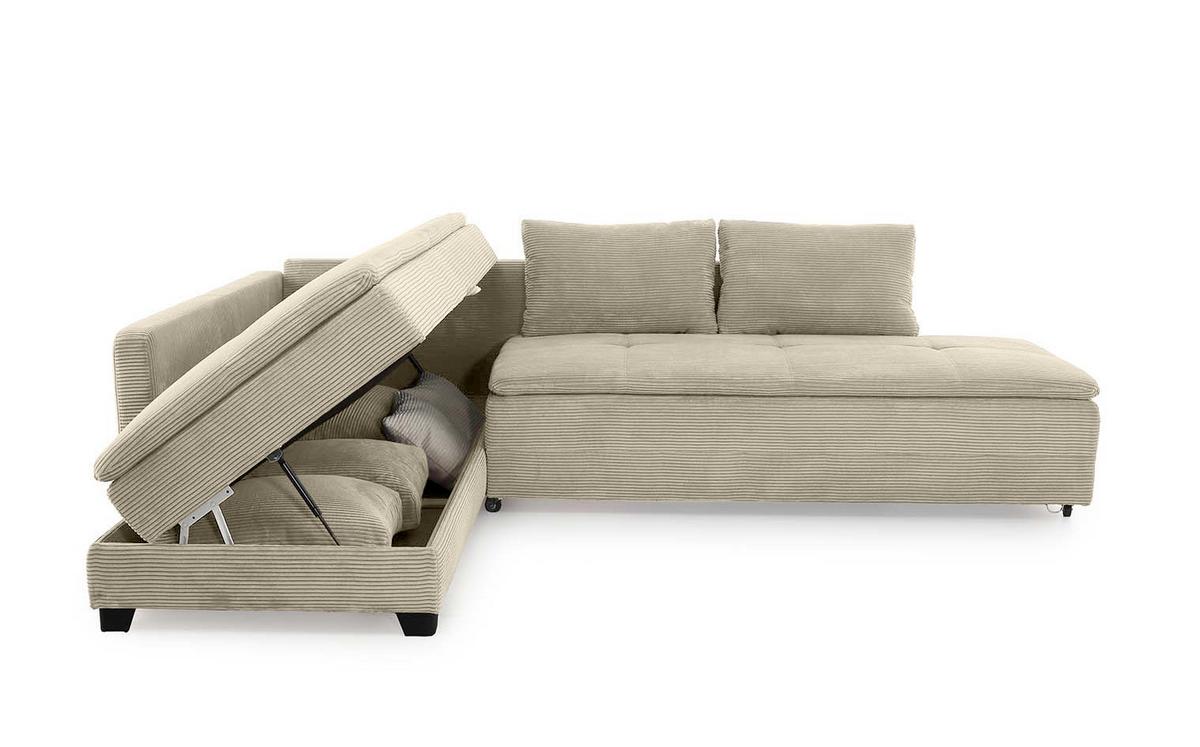 ECKSOFA-DAUERSCHLÄFER Doppelbett Boxspring Federkern Topper, seitenverkehrt montierbar B306/T223/H95 cm, Cord Beige Grau / 15161 - Greige/Schwarz, Kunststoff/Textil (306/223cm) - luma-home