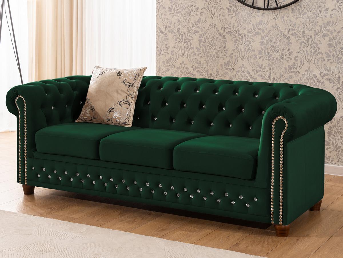 CHESTERFIELD-SOFA 3-sitzer Cleo Blink Flasche Grün Samt mit Kristallsteppung und braunen Massivholzfüßen - Braun/Grün, Holz/Textil (203/72/86cm) - S-Style Möbel
