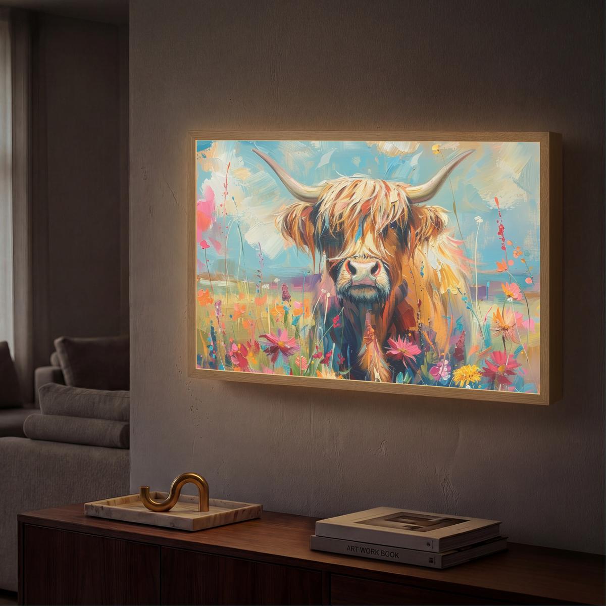 WANDLEUCHTE MIT AKKU Schottische Hochländer - Natur - Farbenfroh - Blumen 60x40 cm - Multicolor, Holzwerkstoff (60/40/8cm) - OnlyWow