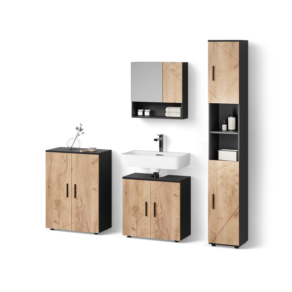 BADMÖBEL-SET Ronco Goldkraft Eiche/Anthrazit 4 Teile, mit Hochschrank und Kommode - Honigeiche/Anthrazit, Holzwerkstoff (60/192/30cm) - Livinity®