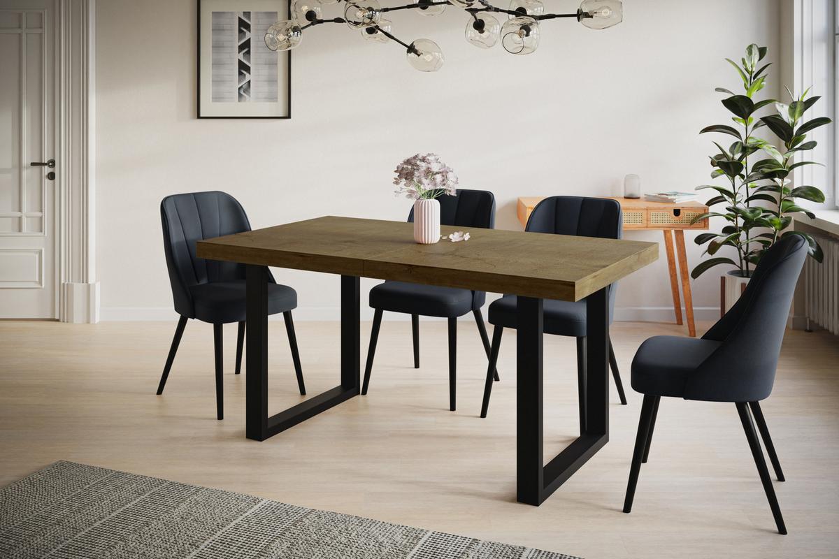INDUSTRIELLER Esszimmertisch LOFT-U, ausziehbarer Tisch, Größe: 120-220X80X77 cm, Wohnzimmertisch Farbe: LEFKAS, mit Metallbeinen in Farbe Schwarz - Dunkelbraun/Schwarz, Holzwerkstoff (120/80/77cm) - Alpi-Möbel