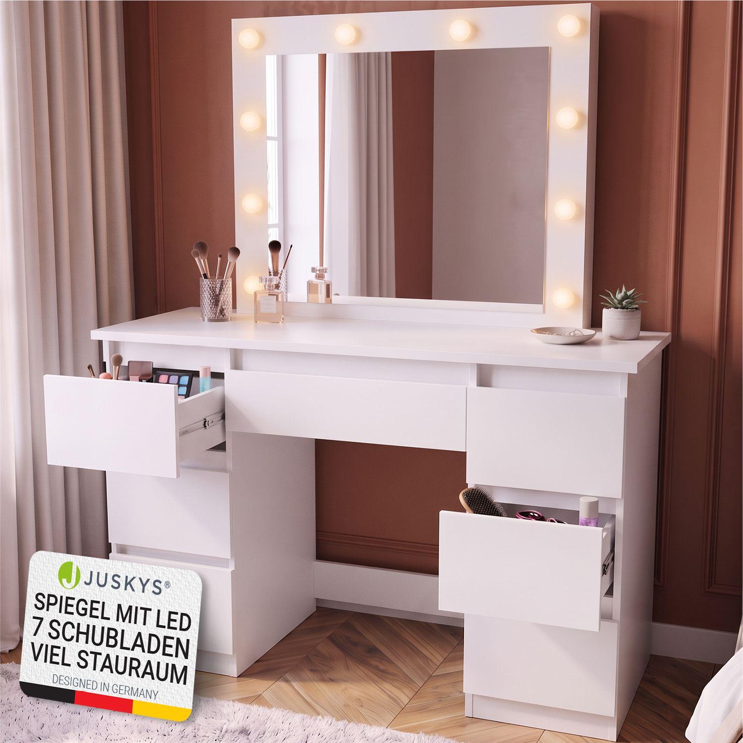 SCHMINKTISCH Talea mit LED (3 Lichtstufen) - Weiß, Holz (110/141/40cm) - Juskys