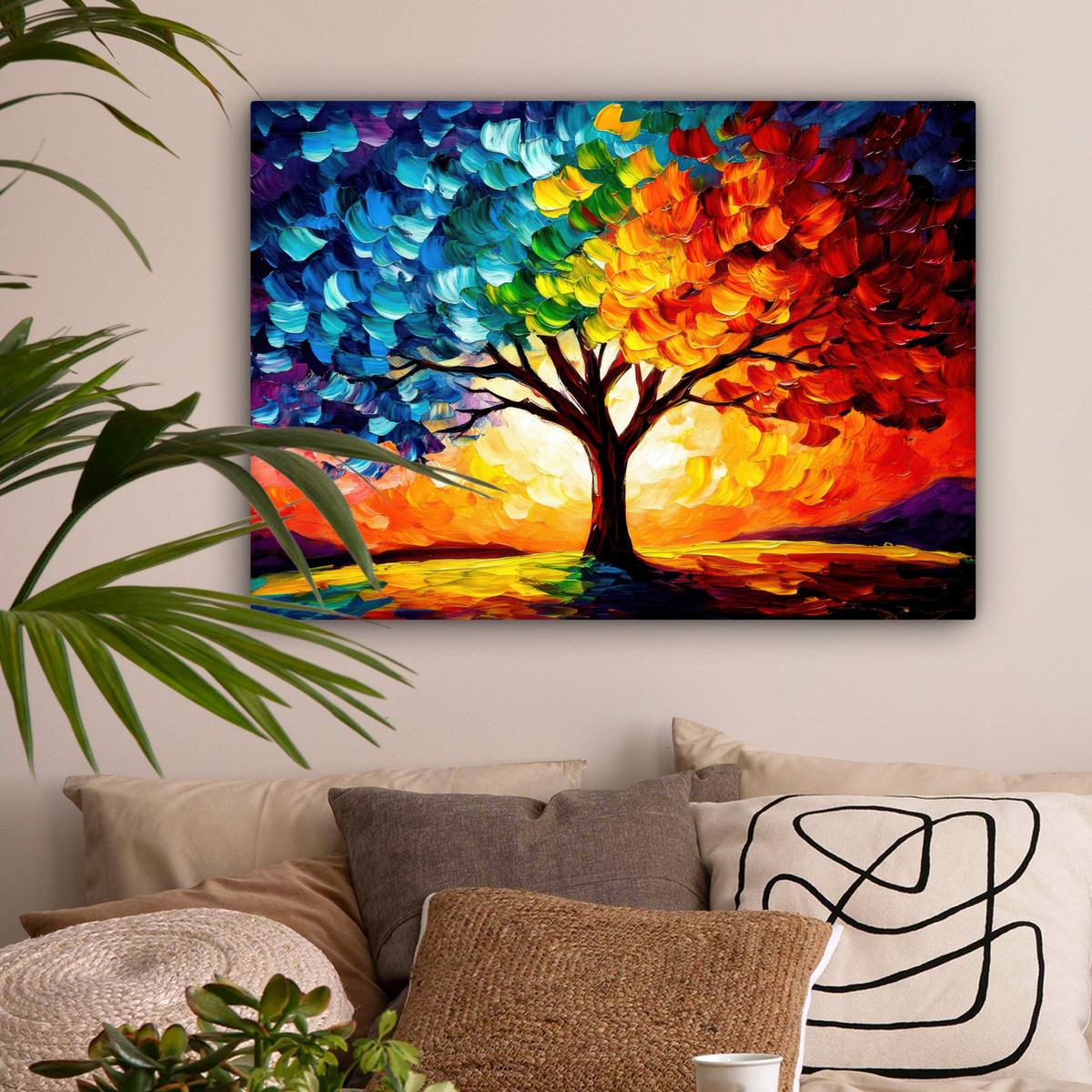 LEINWANDBILD Baum - Kunst - Natur - Sonnenuntergang Wandbilder 80x60 cm - Multicolor, Textil (80/60cm) - MuchoWow