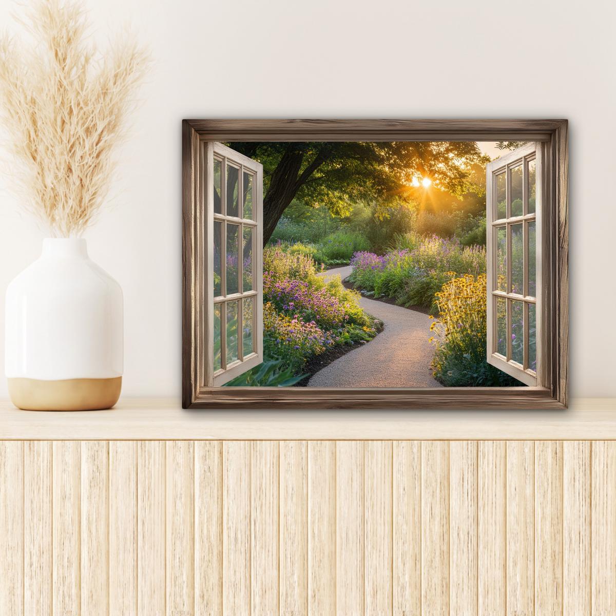 LEINWANDBILD Aussicht - Blumen - Natur - Sonne - Weg Wandbild 40x30 cm - Hellgelb, Textil (40/30cm) - MuchoWow
