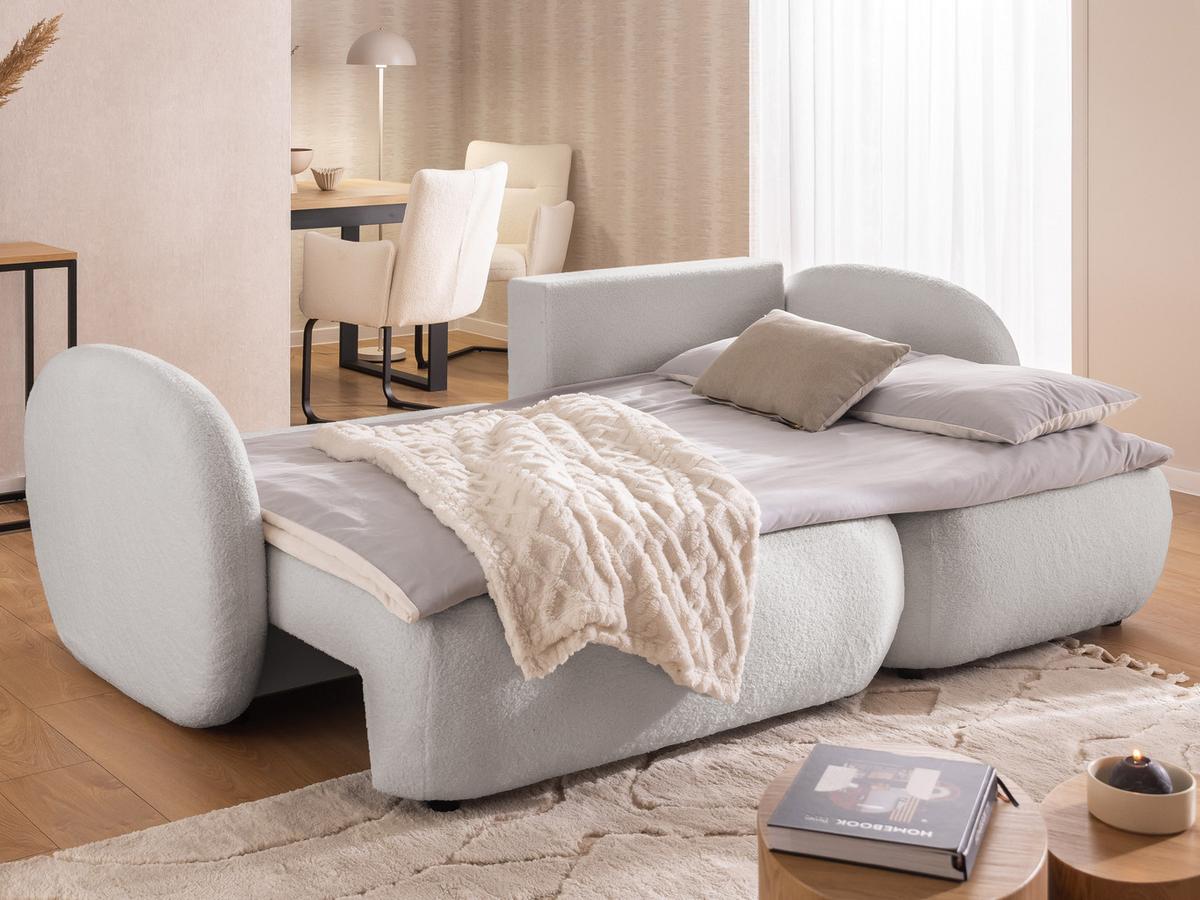 ECKSOFA Candy mit Schlaffunktion Hellgrau Bouclé-Stoff - Ottomane rechts - Hellgrau/Schwarz, Holz/Kunststoff (146/230cm) - S-Style