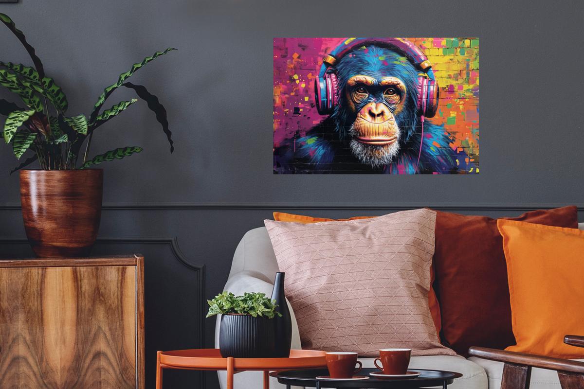 WANDTATTOO Graffiti - Schimpanse - Straßenkunst - Kopfhörer - Affe Deko Wohnzimmer 60x40 cm - Blau, Kunststoff (60/40/0.1cm) - MuchoWow
