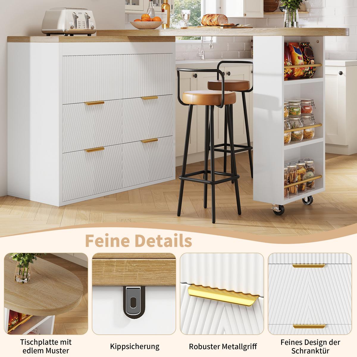 BARTISCH mit küchenbuffet 360° drehbar & 6 schubladen - Weiß, Holzwerkstoff (39/203/90cm) - Urban Meuble