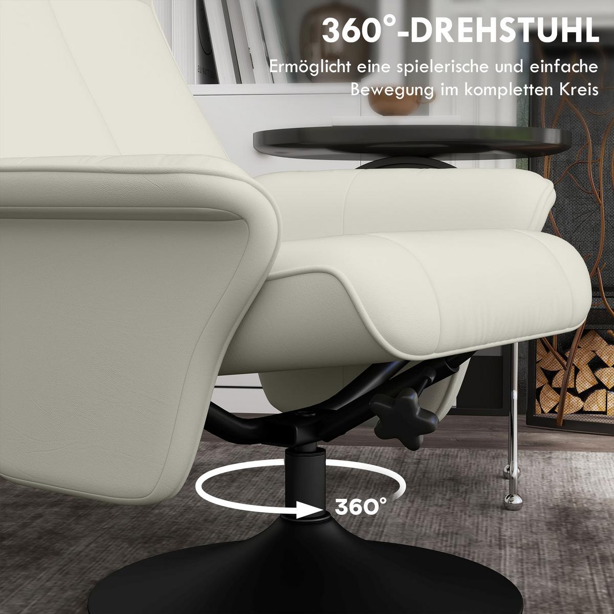 RELAXSESSEL mit Hocker Drehbarer Fernsehsessel mit Liegefunktion Mikrofasertuch - Creme/Schwarz, Textil/Metall (71/104/69cm) - HOMCOM