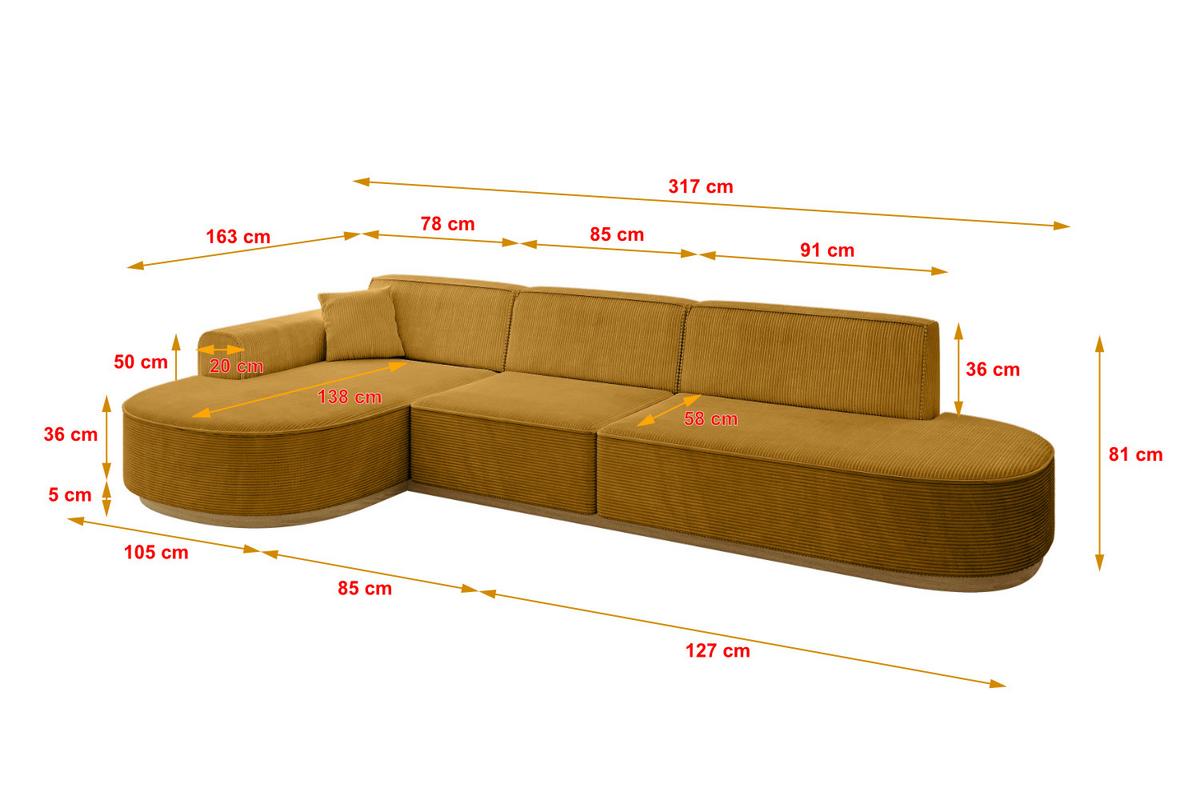 ECKSOFA Ottomane Links MARI-L2-v2 - 328x171x83 cm Senfgelb Cord - Gelb, Holzwerkstoff/Textil (328/171cm) - ALTDECOR
