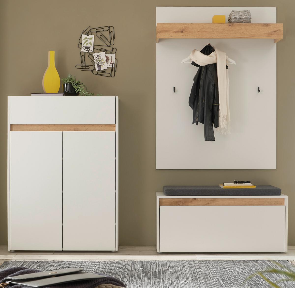 GARDEROBEN-SET weiß matt, Eiche Wotan 4-teilig 195 cm, Sitzbank inklusive Sitzkissen - Eiche Wotan/Schwarz, Holzwerkstoff/Kunststoff (195/200/40cm) - Furn.Design