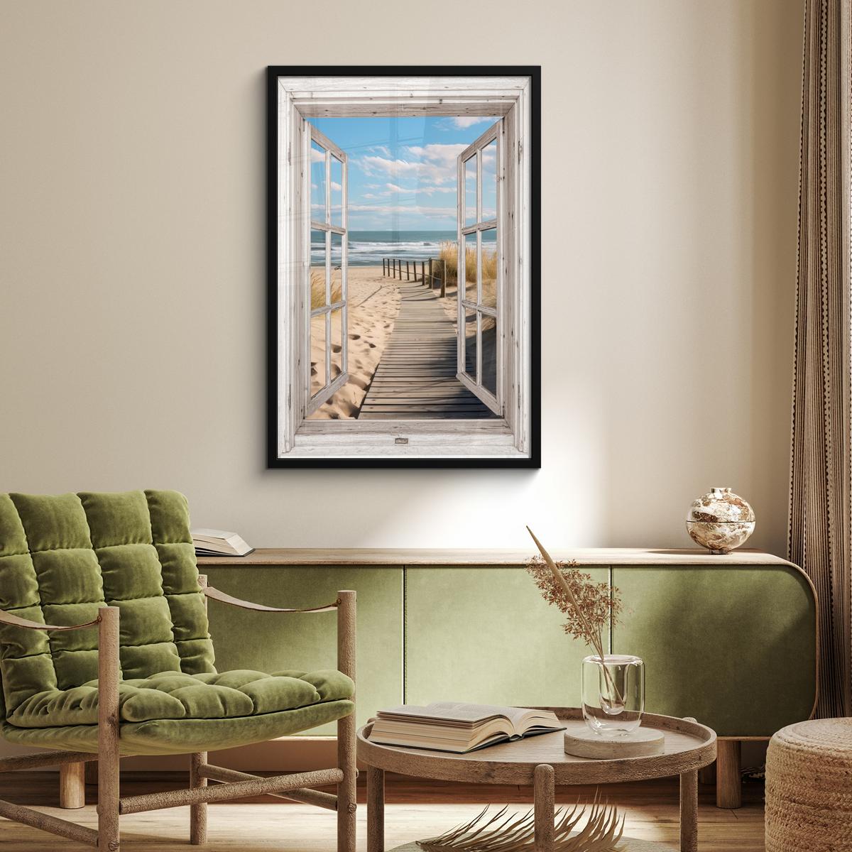 POSTER MIT RAHMENGERAHMTES BILD Fenster - Meer - Küste - Natur - Ausblick - Strand - Wattenmeer 60x90 cm - Beige, Papier (60/90cm) - MuchoWow