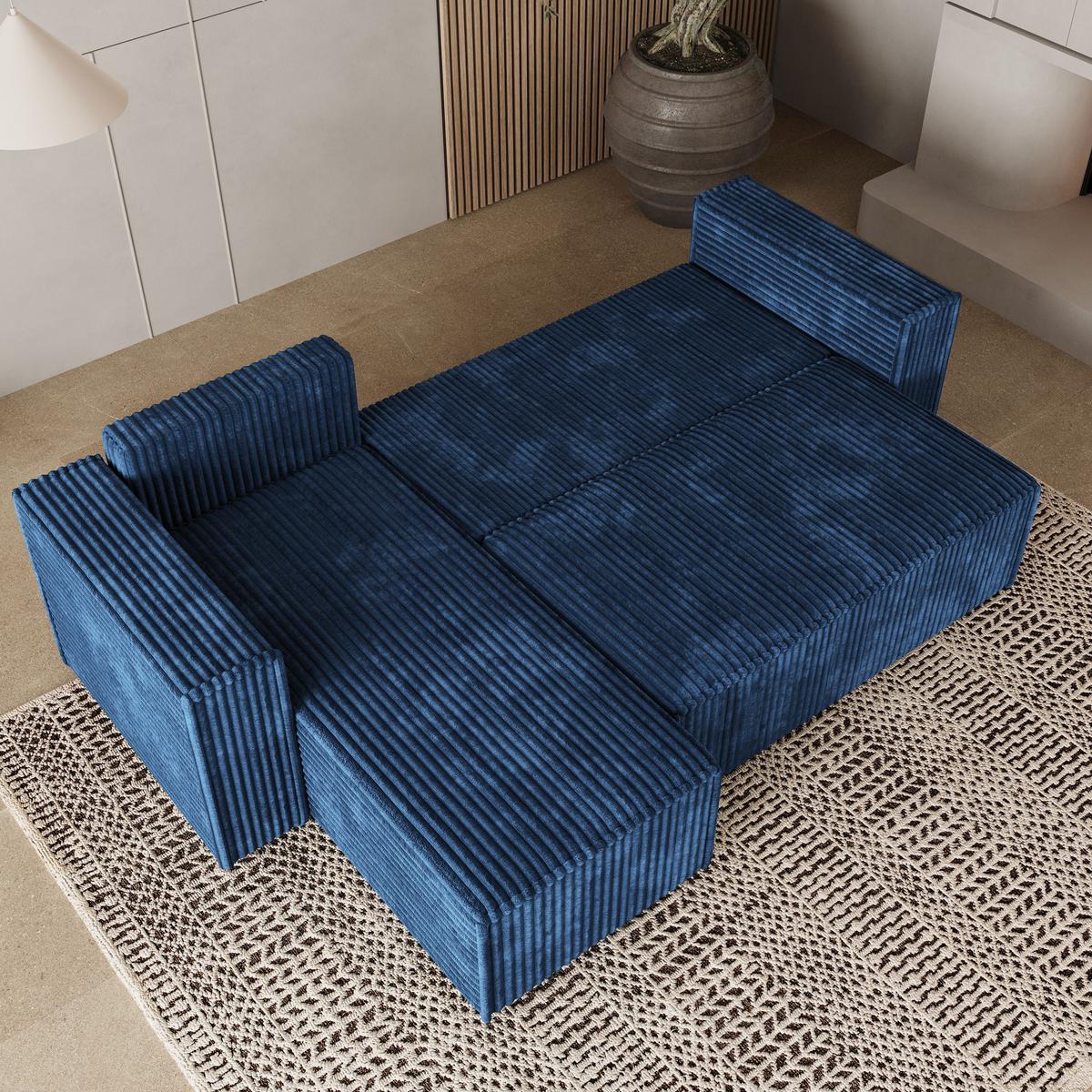ECKSOFA RAVELO T Blau Kordstoff mit Schlaffunktion - Blau/Grau, Holz/Kunststoff (240/140cm) - MASSENO
