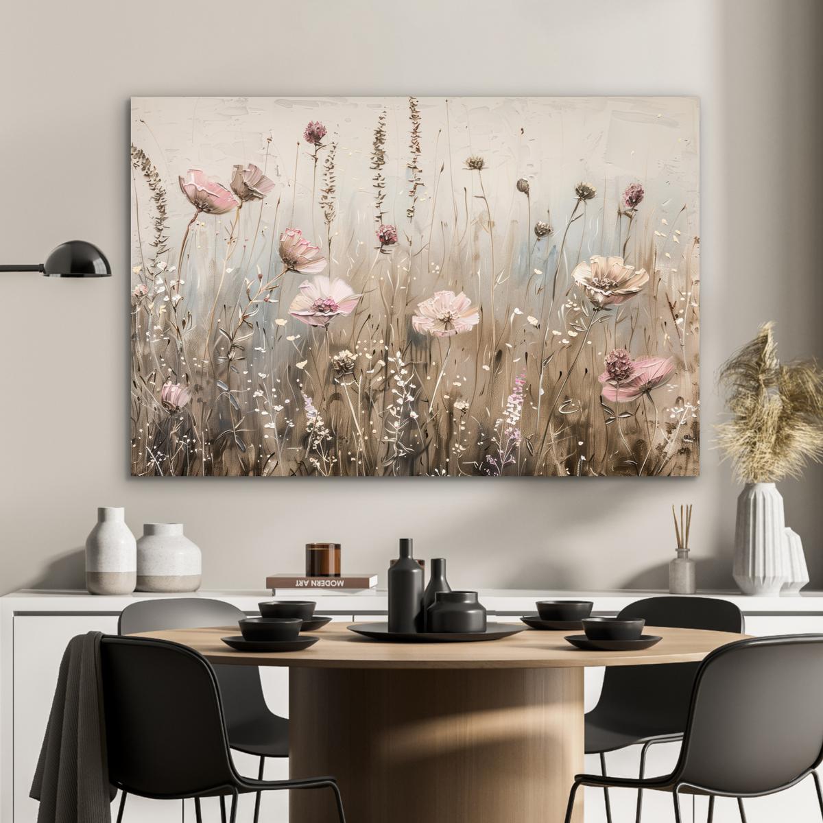 METALLBILD Blumen - Rosa - Modern - Beige Deko Groß 120x80 cm - Beige, Metall (120/80cm) - MuchoWow