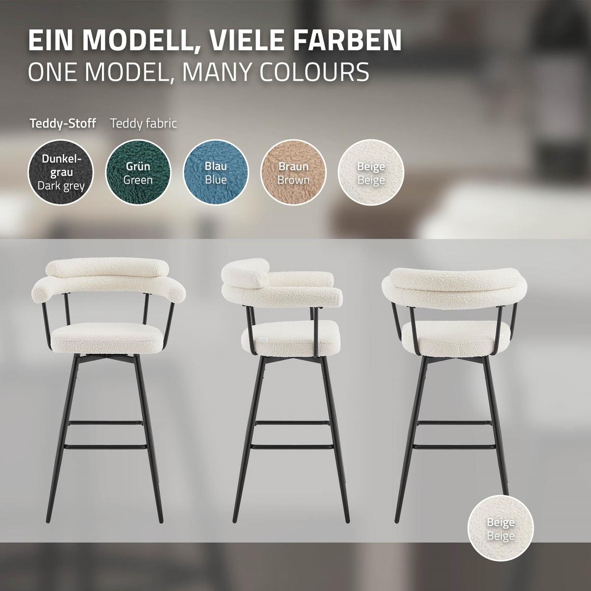 BARHOCKER 4er Set drehbar Beige mit Teddy-Stoff 76 cm hoch - Beige/Schwarz, Textil/Metall (61/103/55cm) - ML-DESIGN