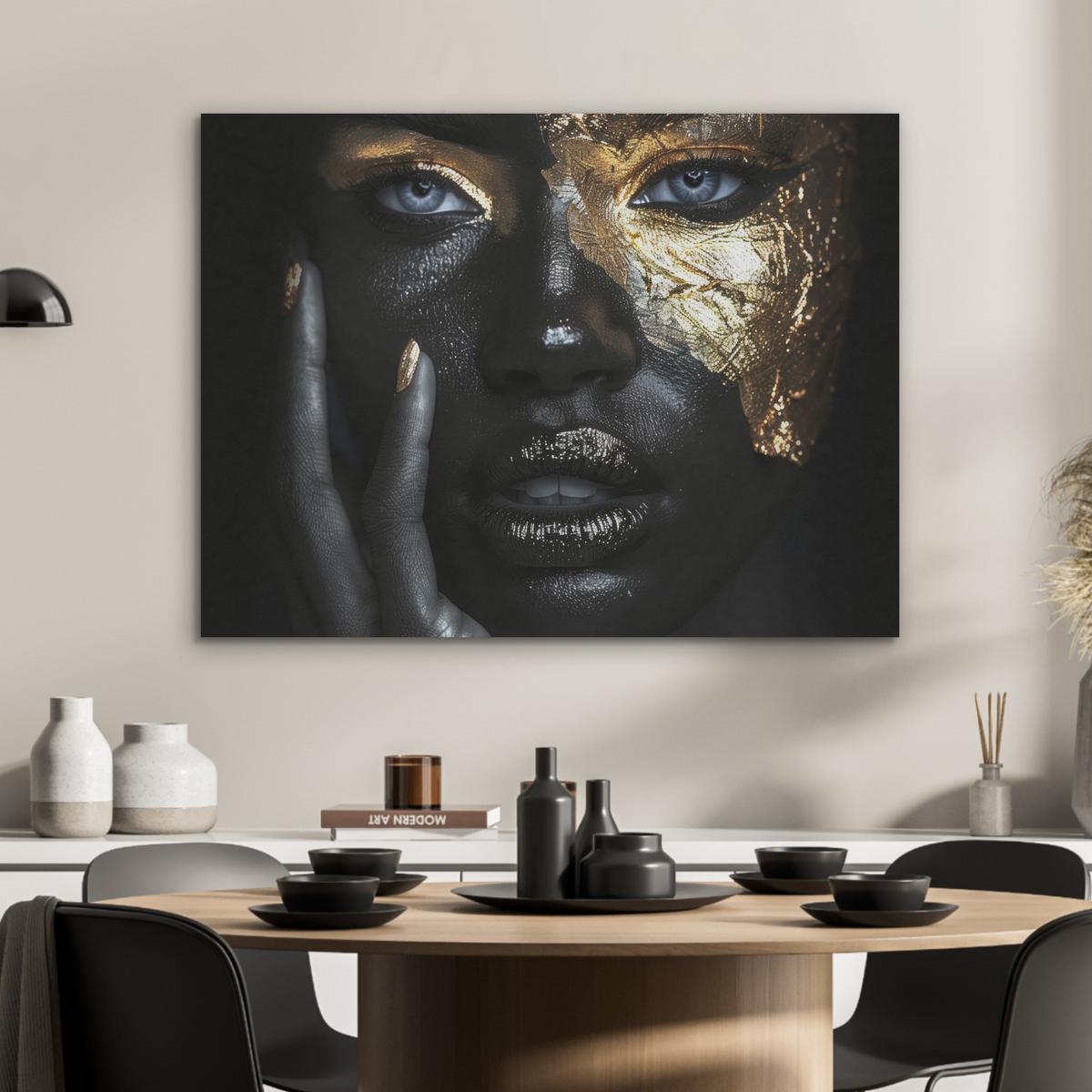 AKUSTIKBILD Frau - Gold - Porträt - Schwarz-Weiß - Luxus Gemälde 80x60 cm - Hellblau, Kunststoff (80/60/0.9cm) - MuchoWow