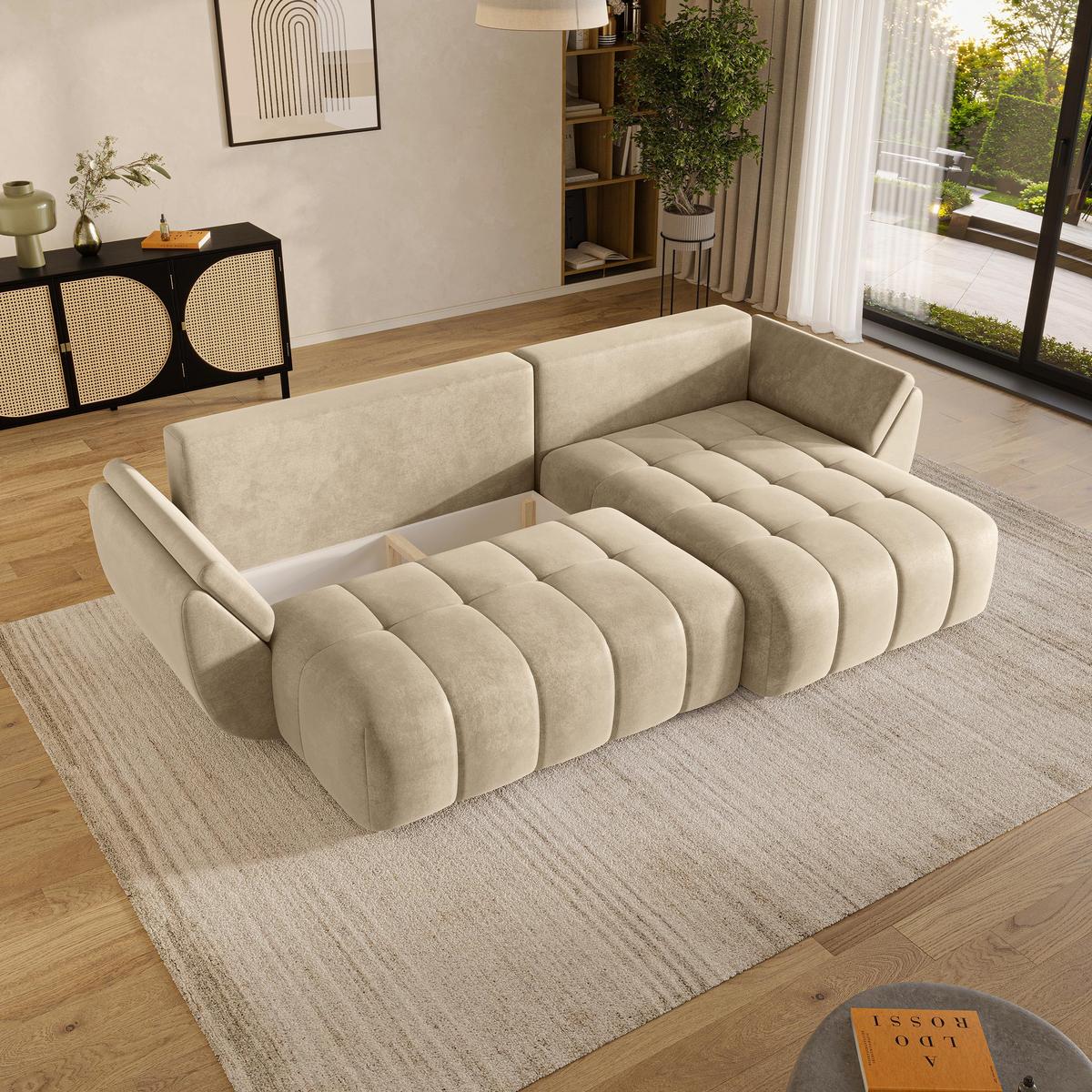 ECKSOFA OLSI Creme Velours-Stoff mit Schlaffunktion - Creme, Holz (285/148cm) - MASSENO