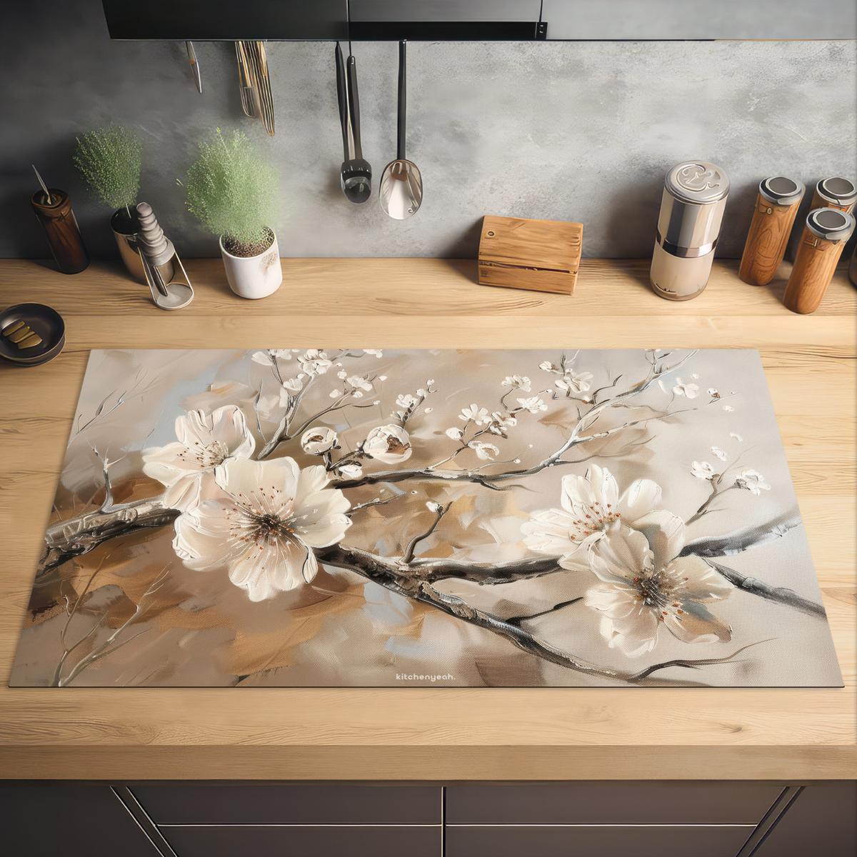 HERDABDECKPLATTE Blumen - Abstrakt - Gemalt - Beige Induktionsschutz 91.2x52 cm - Kaschmir, Kunststoff (91.2/52/0.2cm) - MuchoWow