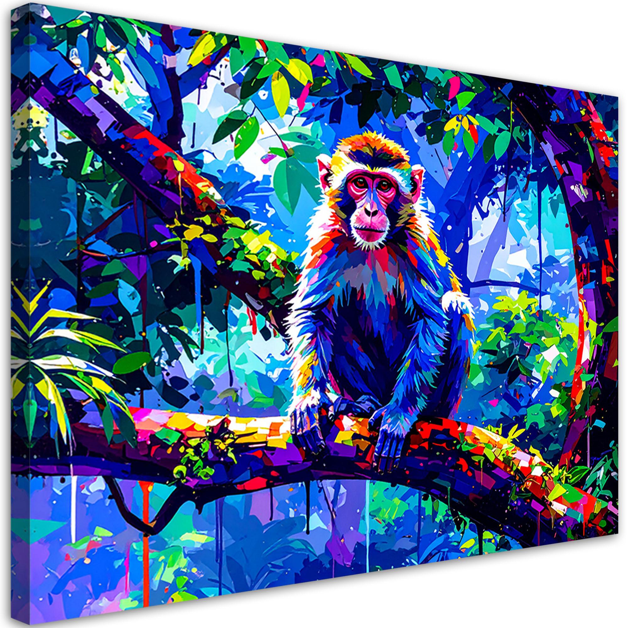 LEINWANDBILD Bunter Affe auf einem Ast 90x60cm - Multicolor, Textil (90/60cm) - Feeby
