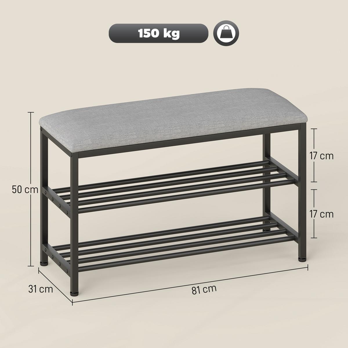 SCHUHBANK mit Sitzfläche, Sitzbank mit Stauraum, Schuhregal mit 2 offene Fächer - Dunkelgrau/Schwarz, Metall (31/50/81cm) - HOMCOM