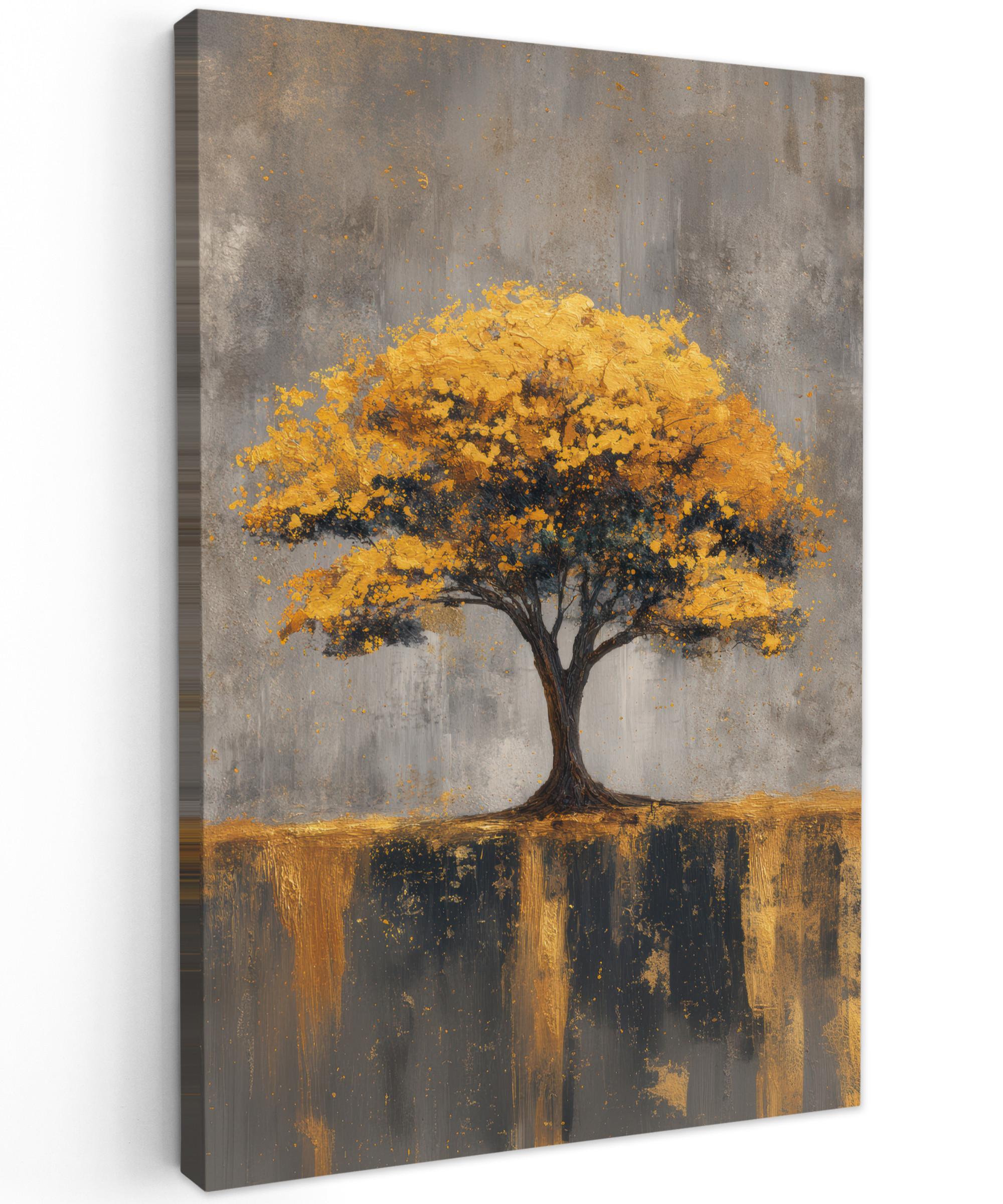 LEINWANDBILD Baum - Blätter - Gold - Abstrakt Deko XXL 80x120 cm - Grau, Textil (80/120cm) - MuchoWow