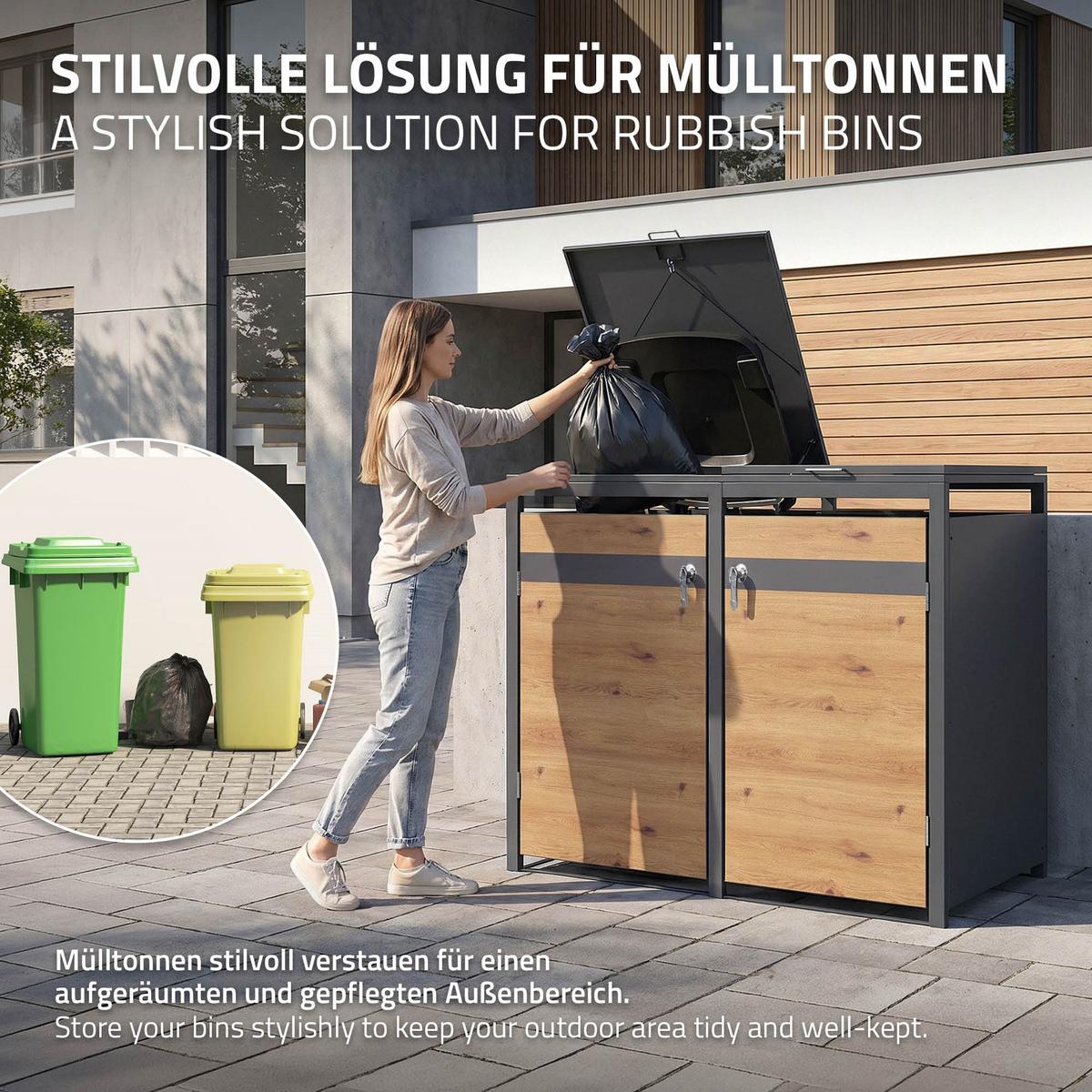 MÜLLTONNENBOX 4er Anthrazit-Holzoptik - Braun, Metall (264/120/80cm) - ML-DESIGN