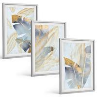 BILDER SET 3er Set - 40x60 cm Silberner Rahmen - Hellblau-beige Blätter - Silberfarben, Kunststoff (40/60cm) - TULUP