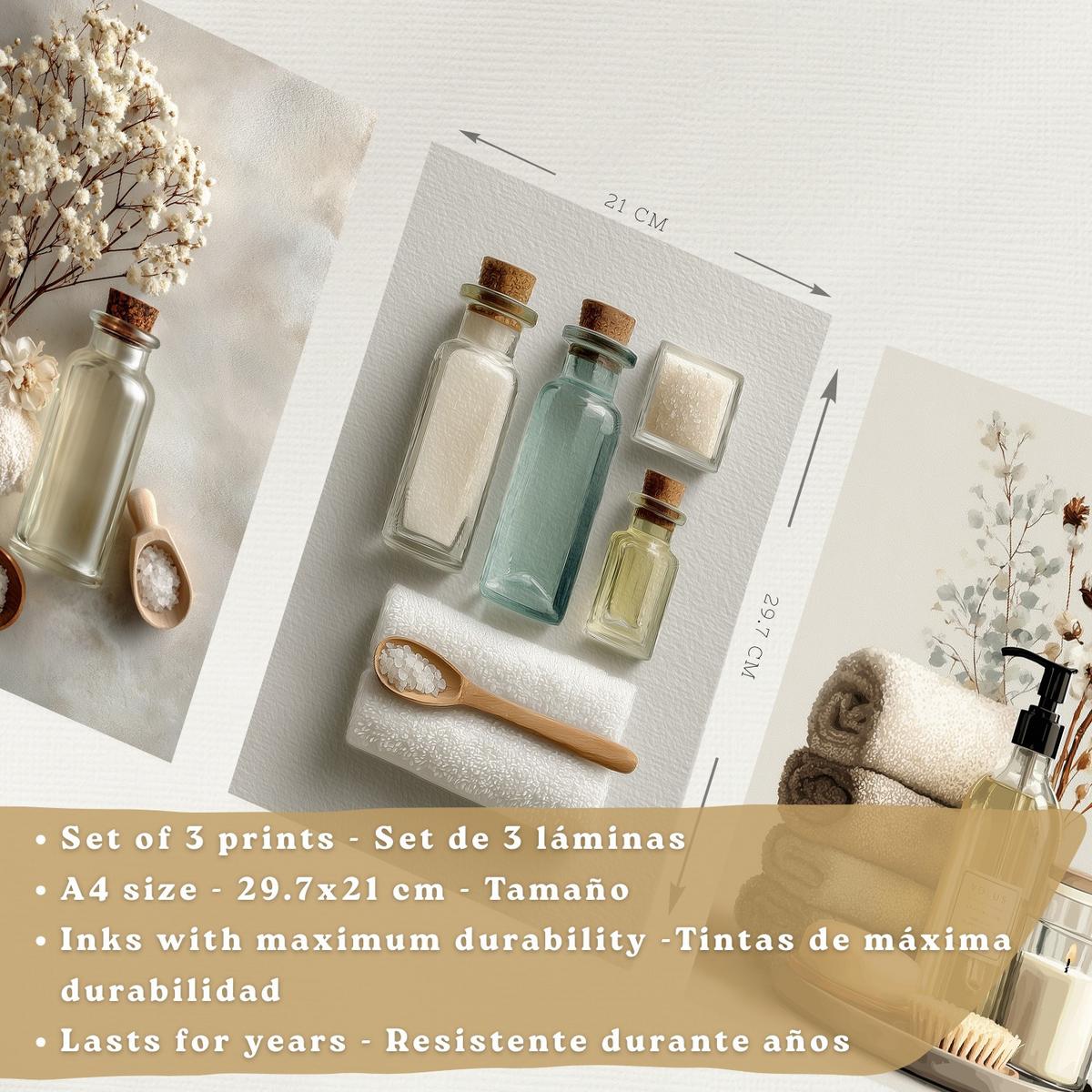 POSTER 3er-Set dekorative Badezimmer-Wandbilder und für Waschbecken, Dusche, WC mit Flaschen, Badesalz und Handtüchern, Leichter Holzrahmen A4 - Beige, Papier (29.7/21/3cm) - Nacnic