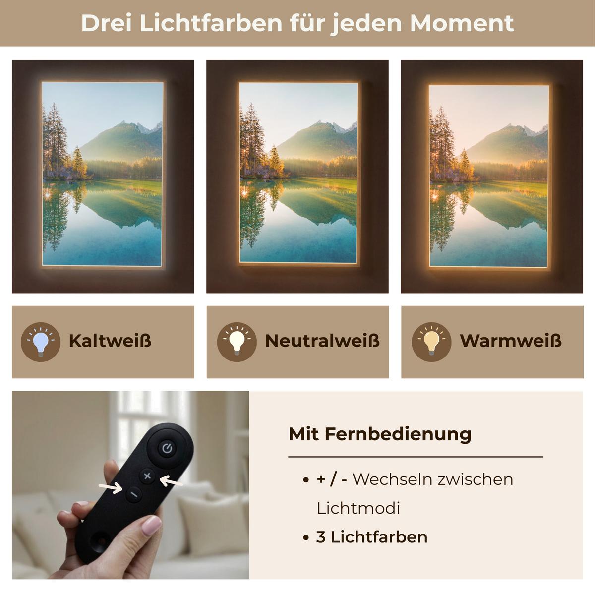 WANDLEUCHTE MIT AKKU See - Wald - Berge - Natur - Sonne - Landschaft 70x100 cm - Grün, Holzwerkstoff (70/100/8cm) - OnlyWow