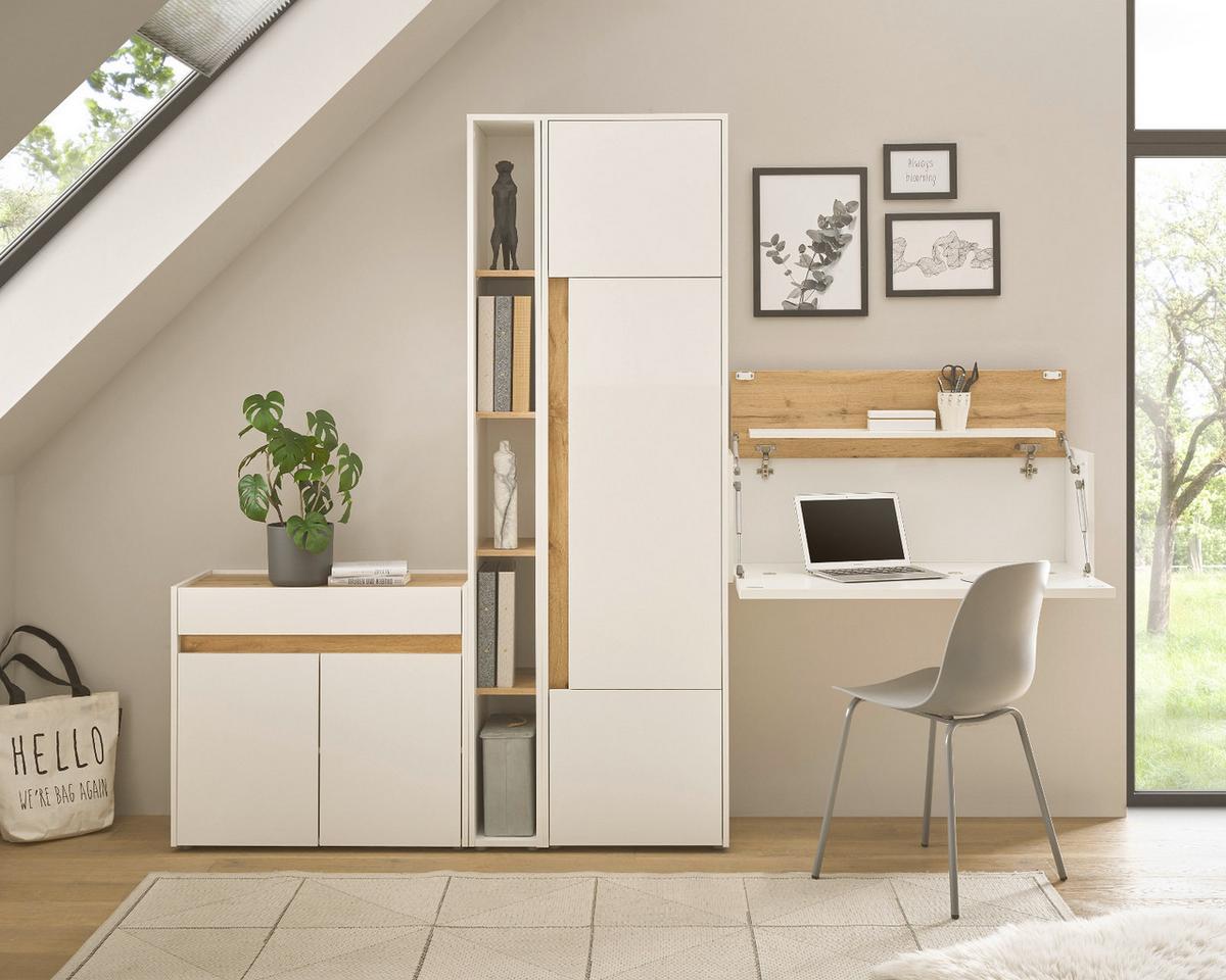 AKTENSCHRANK Set 4-teilig weiß matt, Eiche Wotan 250 cm, Büromöbelkombination mit Sekretär - Eichefarben/Eiche Wotan, Holzwerkstoff/Kunststoff (250/200/40cm) - Furn.Design
