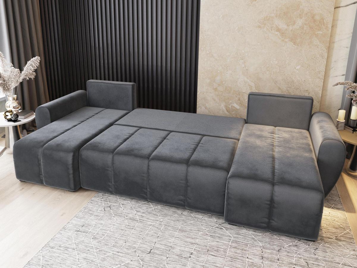 WOHNLANDSCHAFT MADISON U Grau Plüsch-Stoff mit Schlaffunktion - Schwarz/Grau, Holz/Kunststoff (311/82/145cm) - MASSENO