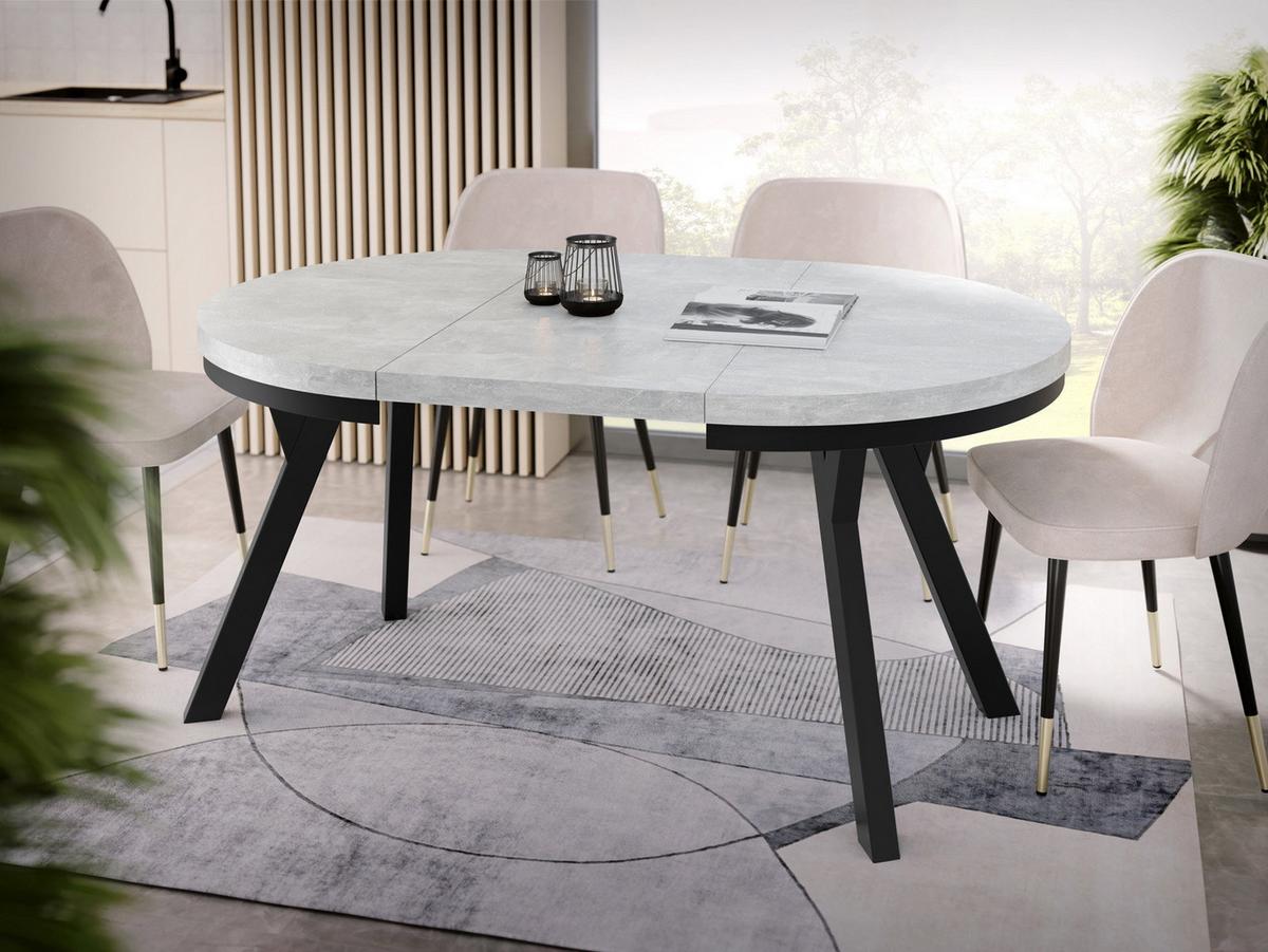 ESSTISCH Lume runder ausziehbarer, Grauer Beton 100-150/100/76 cm - Hellgrau/Schwarz, Holz/Holzwerkstoff (100/150/76cm) - WFL GROUP