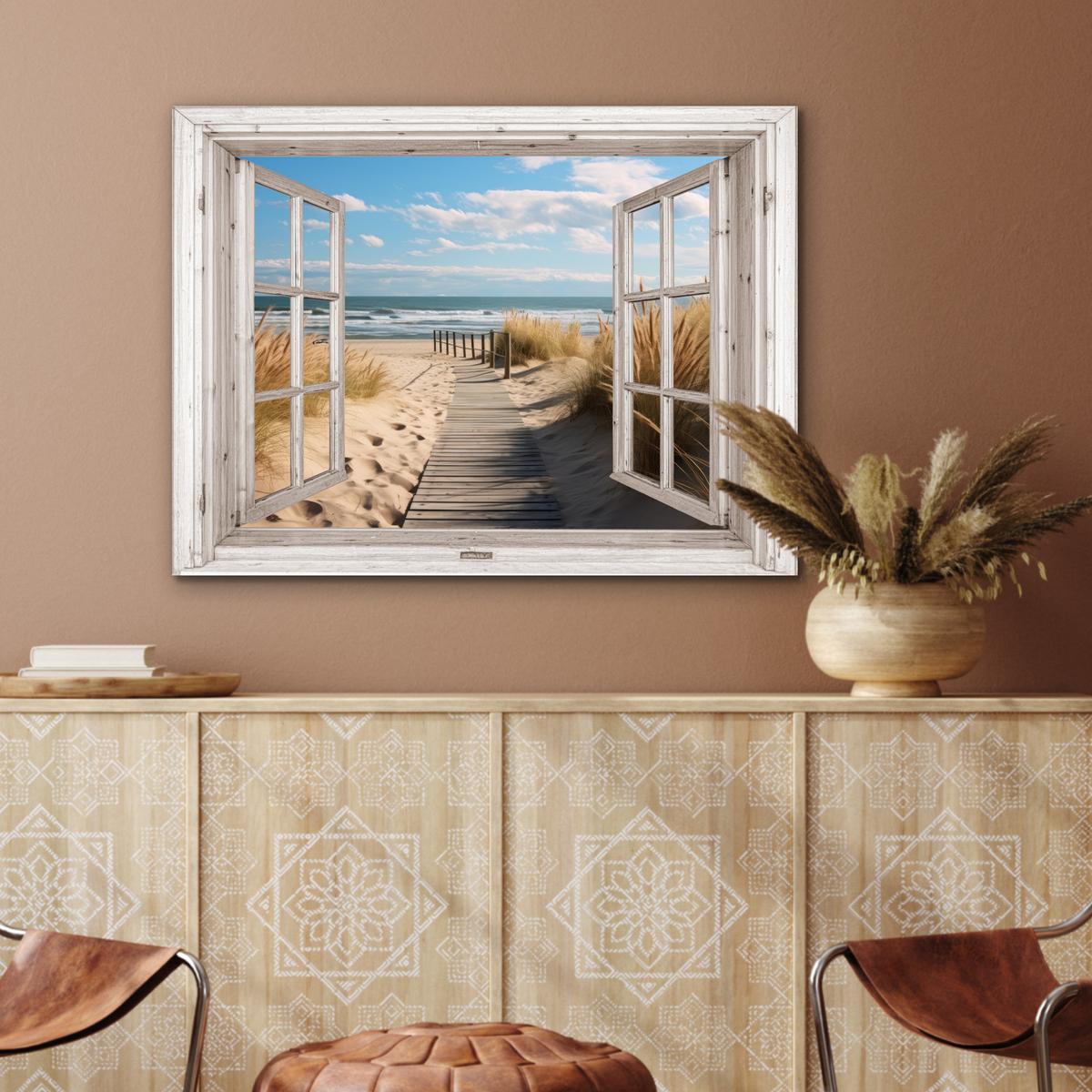 METALLBILD Fenster - Meer - Küste - Natur - Ausblick - Strand - Wattenmeer 80x60 cm - Beige, Metall (80/60cm) - MuchoWow