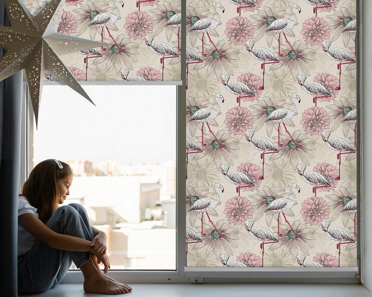 INNENROLLO - Fensterrollo - Rollo - 100x100 cm - Weiße Flamingos - Weiß, Kunststoff (100/100/0.5cm) - TULUP